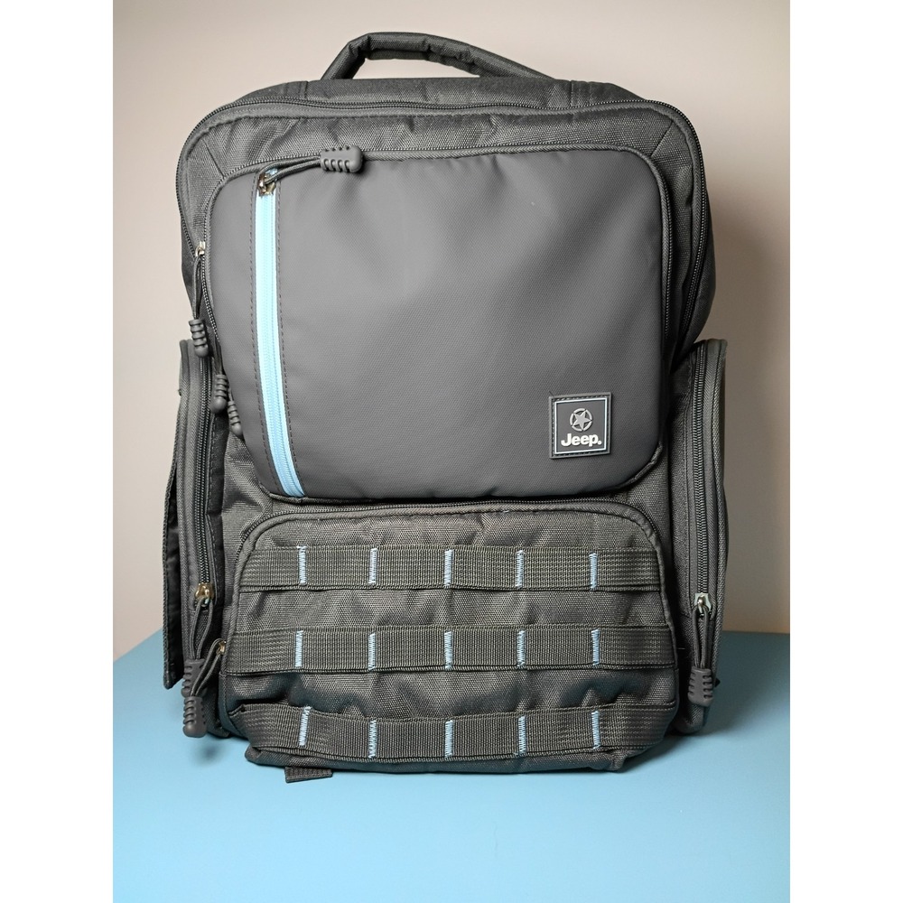 Jeep Diaper Bag Backpack Charcoal Gray Baby Blue Accent w/ Changing Pad Pockets